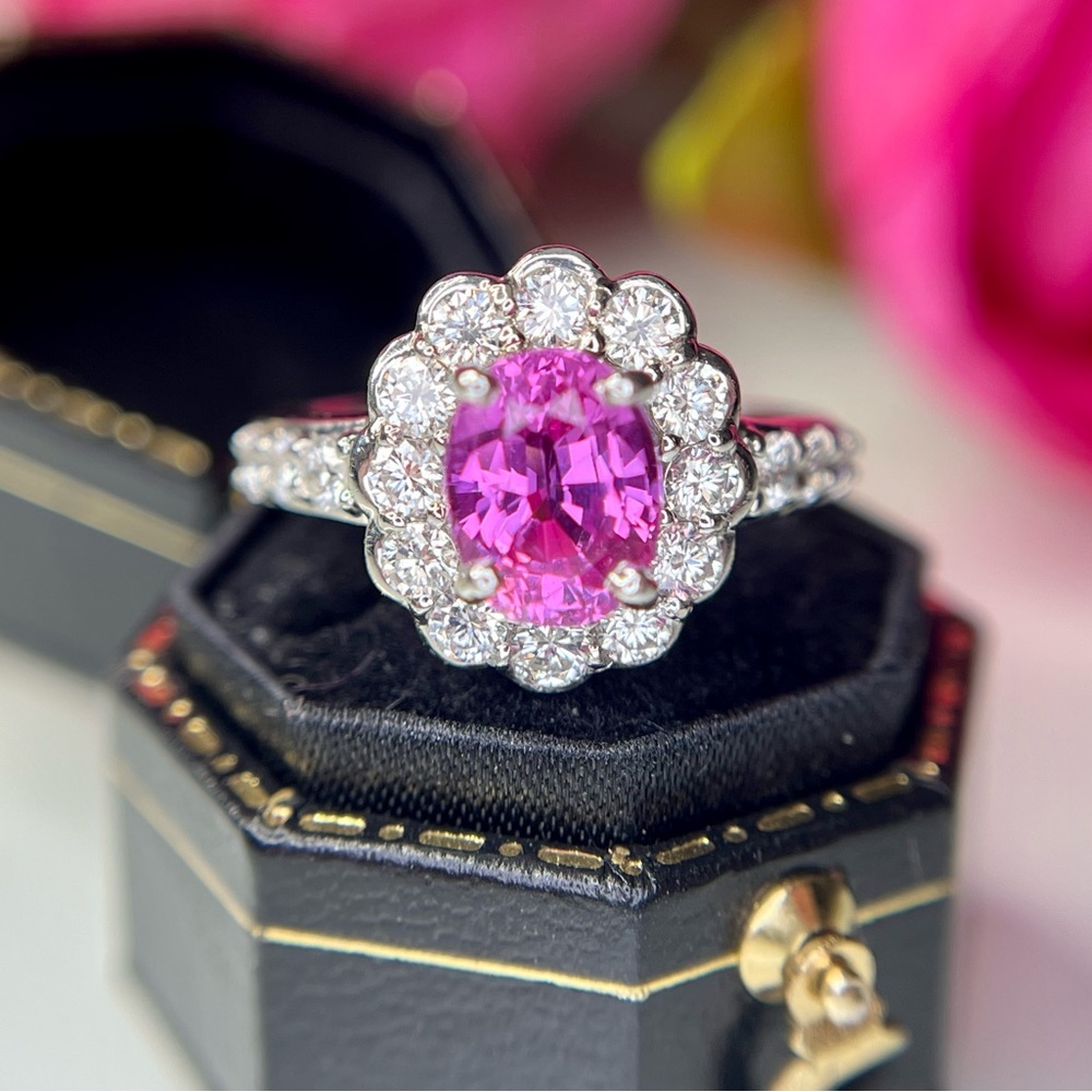 Vintage Estate Natural Pink Sapphire and Diamond Platinum Halo Ring Video